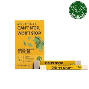 Can’t Stop Won’t Stop™ Nutrilite™ Peach-flavored fastmelt food supplement sticks packed in a convenient container, ideal for energy support.